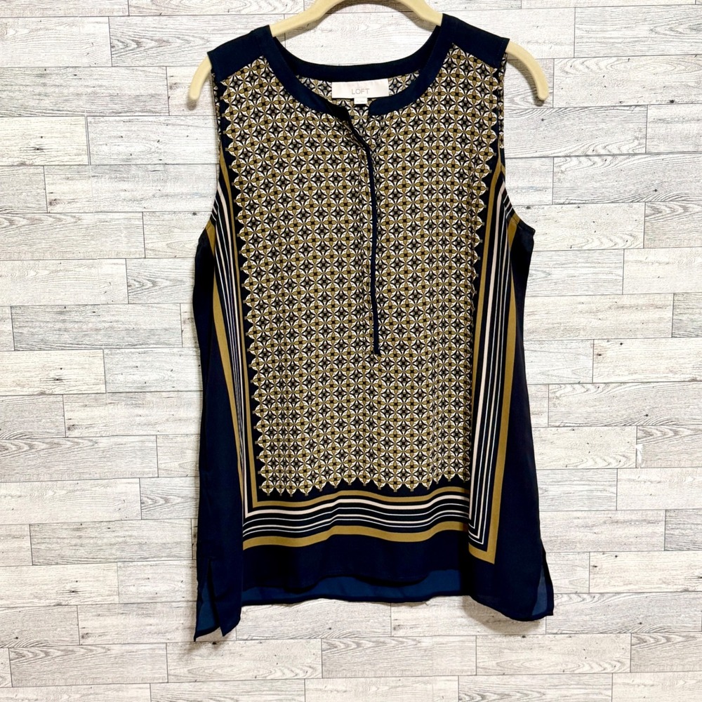 Loft Sleeveless Sz-Medium Geometric Print Button Neck Blouse Women's Navy Gold - Picture 3 of 10